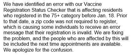 fairfaxhealth's tweet photo. We have identified an error with our Vaccine Registration Status Checker that is affecting residents who registered in the 75+ category before Jan. 18. https://t.co/G6iTXHXIok