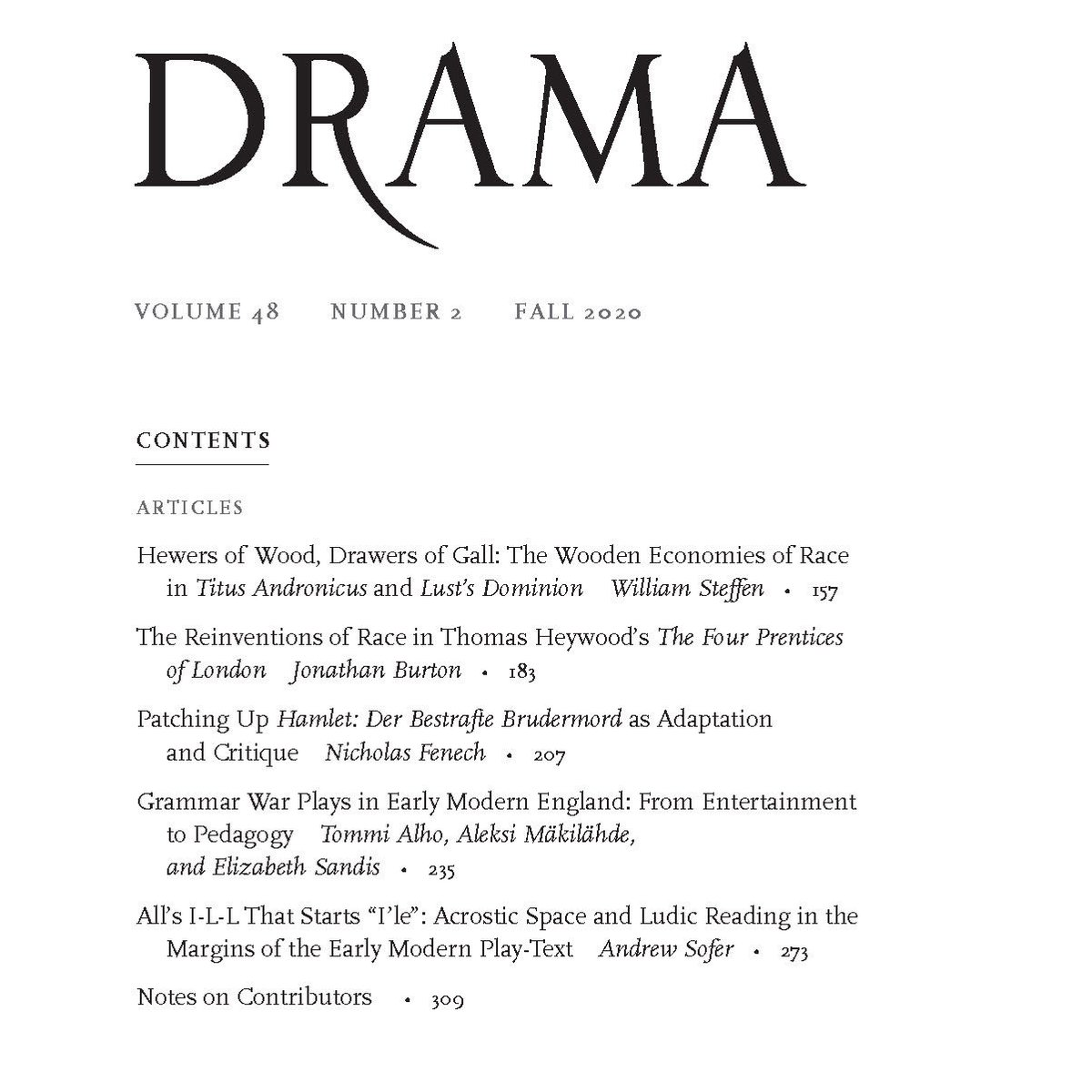 Renaissance Drama 48.2 is now online <a href="/ChicagoJournals/">Chicago Journals</a>. ~ Essays on economies of race in #Dekker &amp; #Shakespeare. Reinventions of #race in Heywood. Patching up #Hamlet in German. Staging grammar wars. Playing w/ acrostics in early mod. plays. <a href="/NUEnglishDept/">Northwestern English</a> journals.uchicago.edu/toc/rd/current