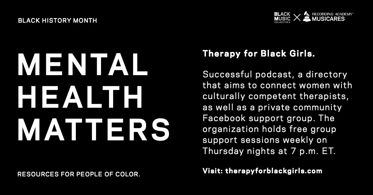 MusiCares's tweet image. Mental Health Matters.
To acknowledge #BlackHistoryMonth and good people/ organizations doing great work in mental health for people of color, we wanted to share resources that can help during challenging times.