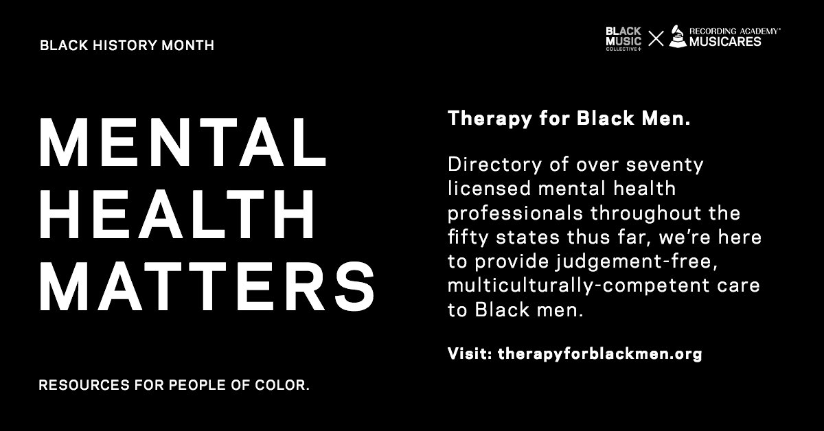 MusiCares's tweet image. Mental Health Matters.
To acknowledge #BlackHistoryMonth and good people/ organizations doing great work in mental health for people of color, we wanted to share resources that can help during challenging times.