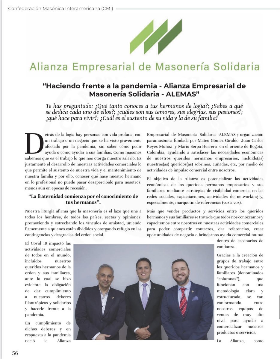 AlemasNetwork's tweet photo. Nos complace enormemente el espacio que nos permitieron tener en la Revista Informativa de la Confederación Masónica Interamericana CMI, en su primera edición de este 2021.
#ALEMAS https://t.co/eW0A3GFtS8