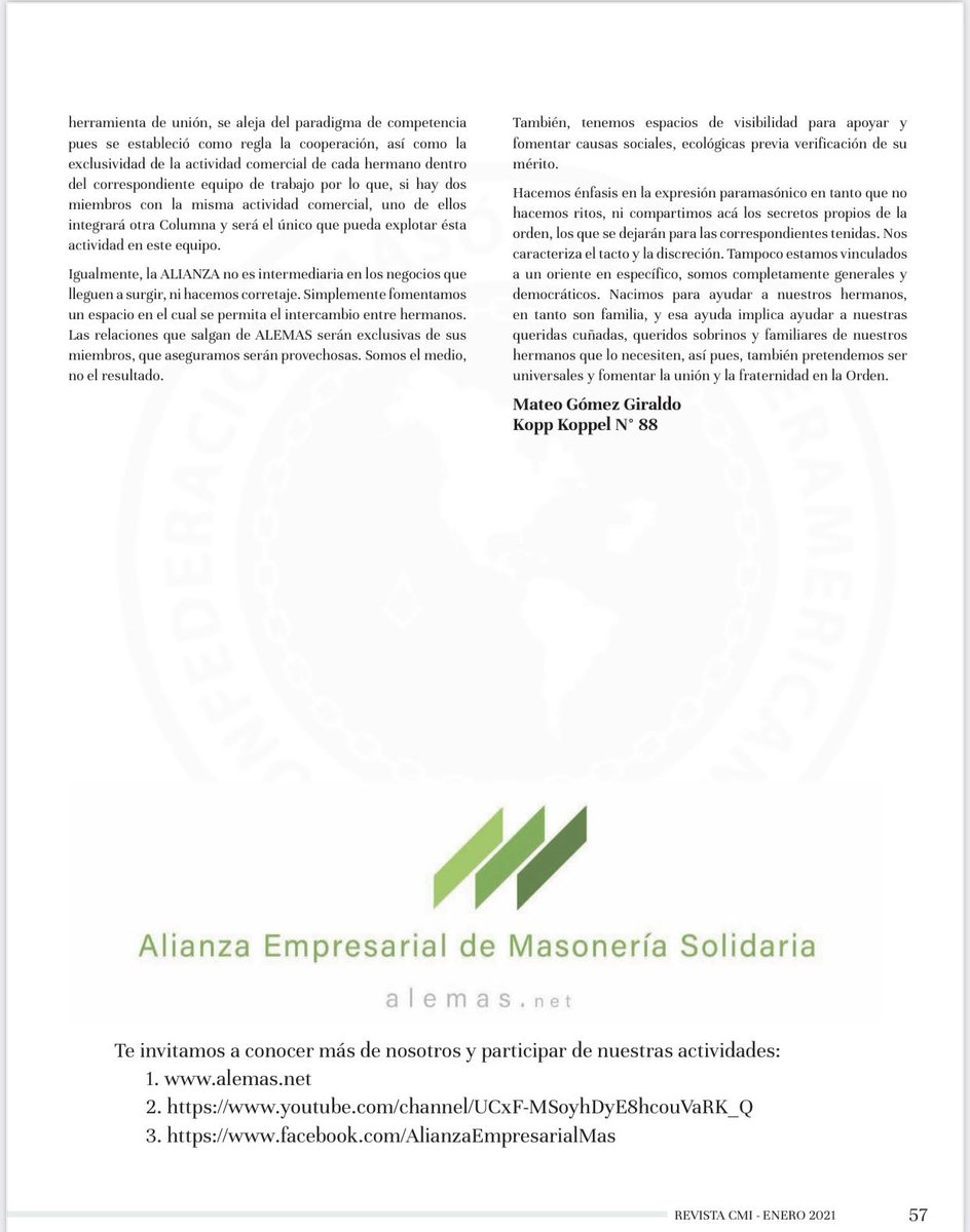 AlemasNetwork's tweet photo. Nos complace enormemente el espacio que nos permitieron tener en la Revista Informativa de la Confederación Masónica Interamericana CMI, en su primera edición de este 2021.
#ALEMAS https://t.co/eW0A3GFtS8
