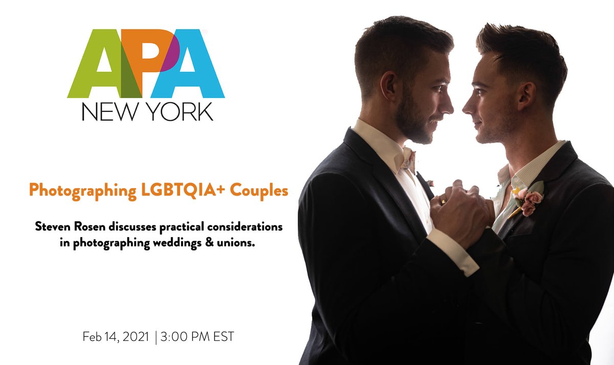 💜💜February 14 at 3PM EST (This Sunday!): The perfect (free!) event for #ValentinesDay; photographer Steven Rosen offers great tips for photographing #LGBTQ weddings. Get more info &amp; register here &amp; JOIN US! ny.apanational.org/events/entry/f…  #photography