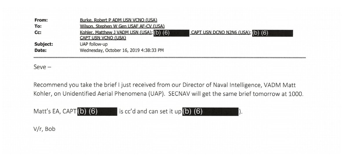 10/ Moving on to the DoD.  @LtTimMcMillan over at  @Debriefmedia revealed this FOIAd email between The Vice Chief of the Navy and the Vice Chief of the Air Force.