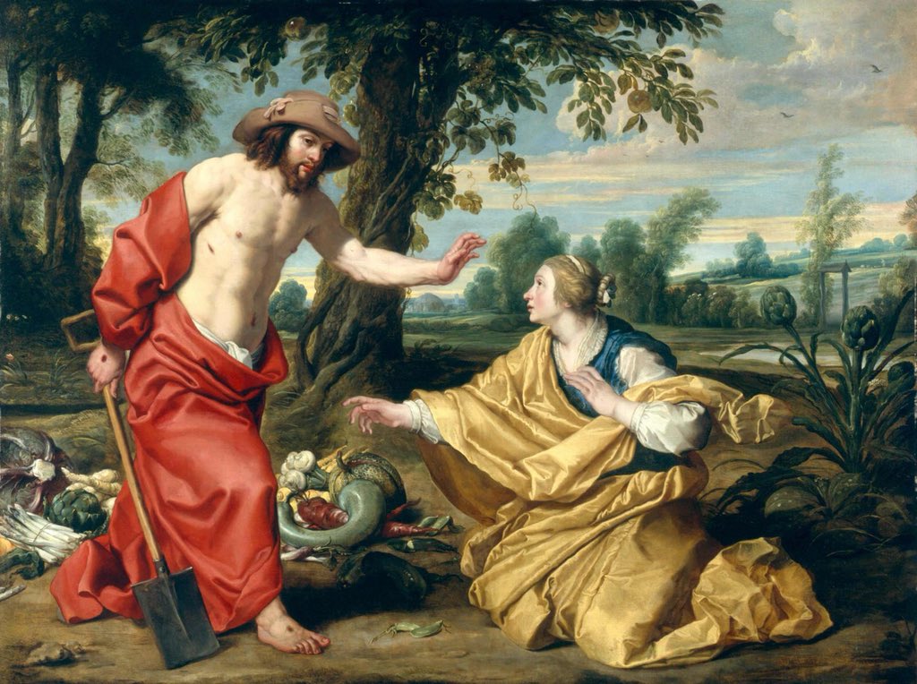 I feel like I should explain:each Gospel has a different account of the resurrection, and in the Gospel of John, Mary Magdalene somehow "mistakes him for the gardener"......which some artists decided means he...must be cosplaying as part of some hilarious prank.  https://twitter.com/meakoopa/status/1360364641533243393