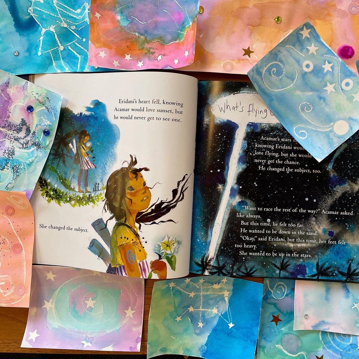 PPE_Library's tweet image. Science + Art + PPE 4th graders = a perfect Friday morning! We learned about constellations and stars with @JuliaDraw beautiful STARCROSSED and then created our own watercolor nightscapes.