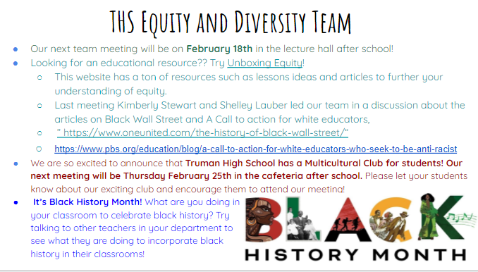 THS_DandE's tweet photo. Last Diversity and Equity Meeting updates! Next meeting FEBRUARY 18th! https://t.co/JcLTG36Ihj