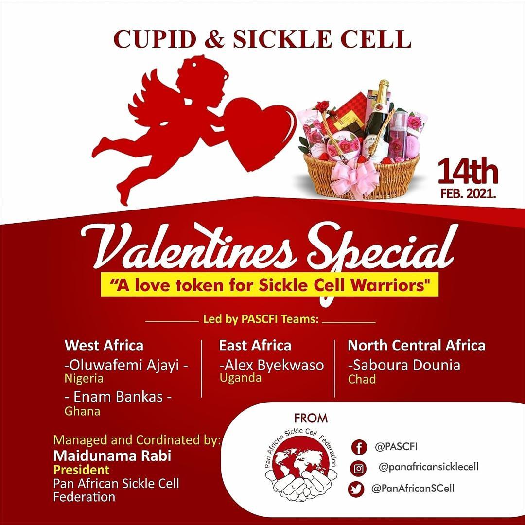 panafricansickle is having its first physical outreach. 
We are sending Cupid to put smiles on faces of Warriors across Africa. It is going to be exciting as we visit Warriors with basket of goodies . #sicklecellawareness #Pascf #Cupidandsicklecell  #Maiscef #valentineday2021