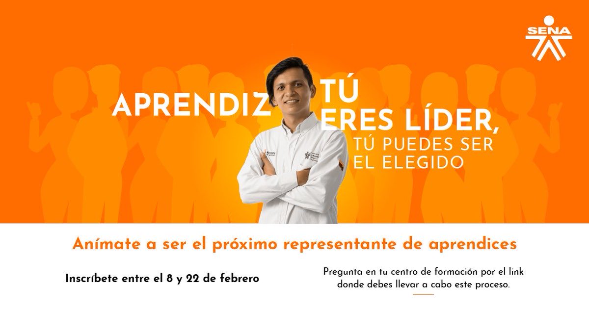 SENA_Antioquia's tweet photo. Aprendiz llegó la oportunidad de representar a tus compañeros. Lleva tu liderazgo a buscar el beneficio de toda la comunidad💪🏻.
Inscríbete del 8 al 22 de febrero. Pregunta en tu centro de formación por el proceso. #SomosSENA https://t.co/ho1aqKfwIL