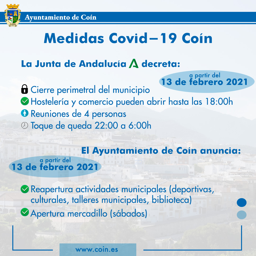 AytoCoin's tweet photo. 📢 La @AndaluciaJunta decreta alerta 4 grado 1 para #Coín tras bajar la tasa de contagio hasta los 657 por lo que hostelería y comercio no esencial podrá abrir desde mañana hasta las 18:00h 👉 https://t.co/BF8QUgYJYA #CoínMLG https://t.co/HTU7IKc5NA