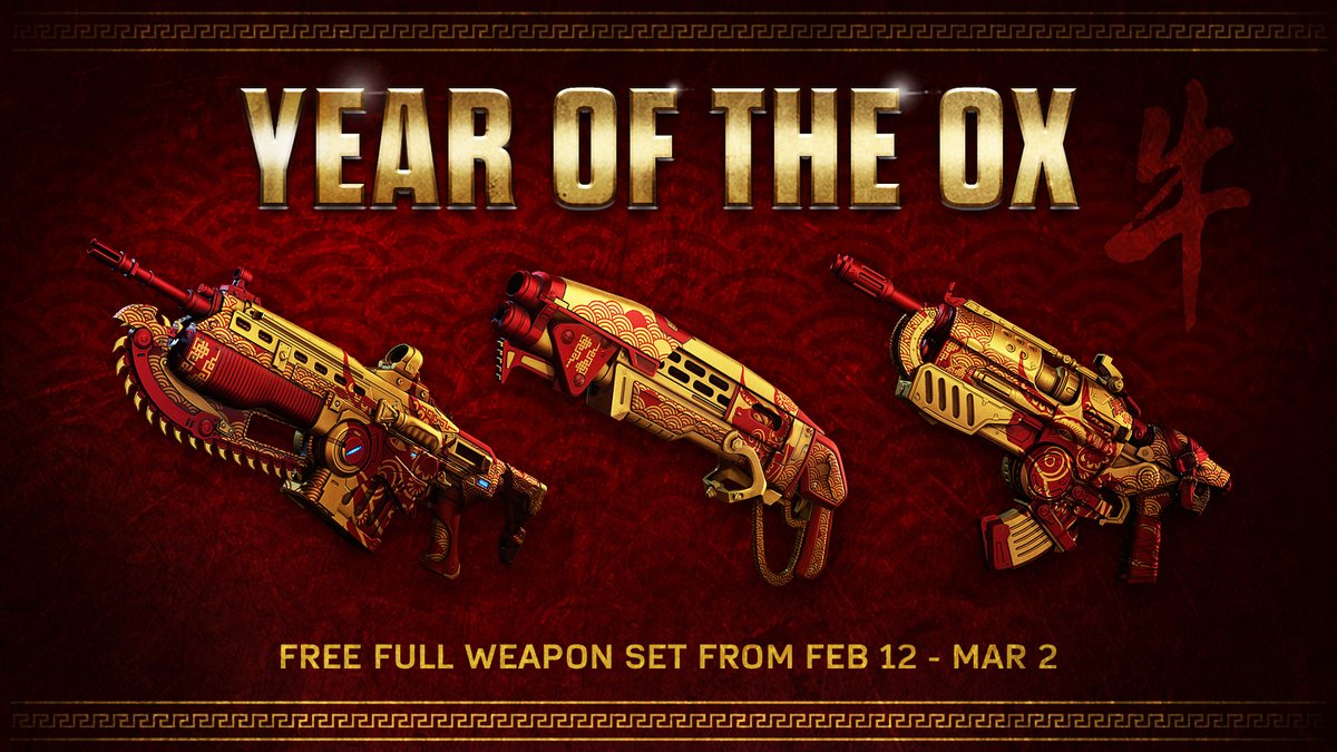 Graphic showing the "Year of the Ox" weapon set. On a red wine dark background we see a Lancer, Gnasher and a Hammerburst that each have a red and gold skin on them. Text reads: Year of the Ox. Free full weapon set from Feb 12 until March 2. 