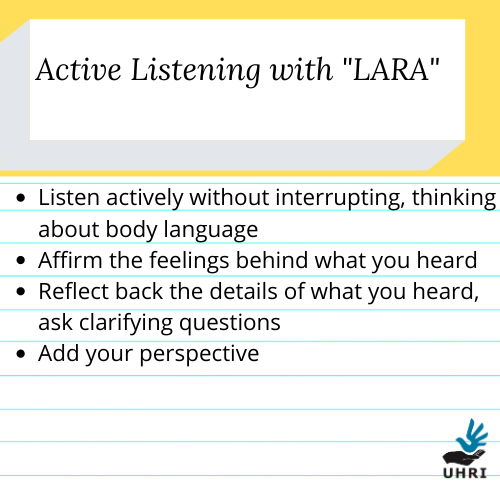 UHRInitiative's tweet photo. Listen, Affirm, Reflect and Add! LARA helps you listen.

#empathy #skillshare #dialogue #difficultdialogues #difficultconversations #nonprofit #community #weavingcommunity #polarization #respect #skill #conversationskills #listeningskills https://t.co/38AnE4iFAj