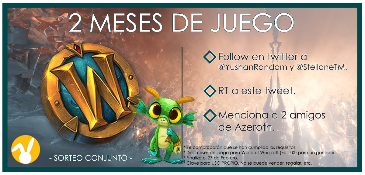 🎁NUEVO SORTEAZO 🎁 Hazte con 2 MESES de tiempo de juego para #worldofwarcraft (EU - US) y continúa tu aventura en Shadowlands! ✅Follow @YushanRandom y @StelloneTM 🔁RT a este tweet. 👨‍👧 Menciona 2 amigos de Azeroth. Finaliza el 27 de febrero. 🗺SORTEO MUNDIAL🗺