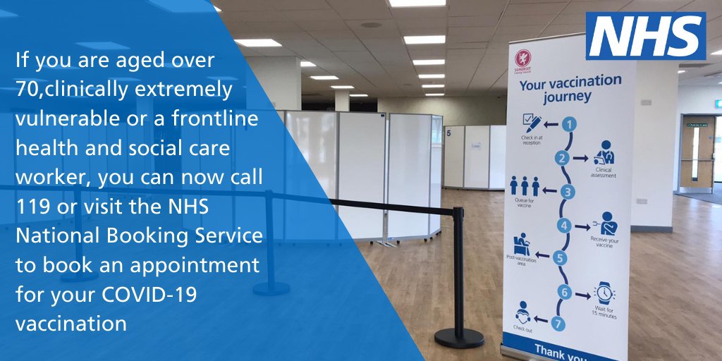 NHSSomerset's tweet photo. Over 146,379 vaccinations have been given to people in priority groups across Somerset so far.  If you are in groups 1-4, you can now book directly with the national booking service by calling 119, or visit: https://t.co/VNNqNCdOCm.  Don’t delay, book your appointment today. https://t.co/RIDTj94rMA