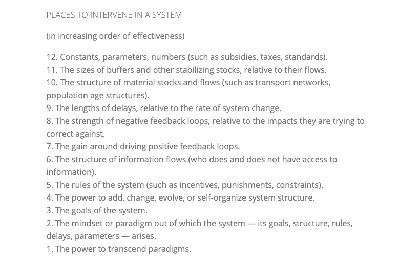 berkun's tweet image. "The ability to transcend paradigms is the most effective leverage point in a system... if no paradigm is right, you can use whatever one suits your purpose"

- Donella Meadows,  Leverage Points: Places to Intervene in a System

h/t @KaseyKlimes