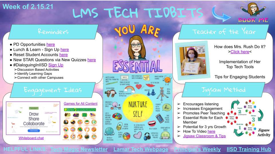 MelissaColvin18's tweet photo. You have to check this week's out!!!
•Tips from Teacher of the Year
•New STAR Question Practice via New Canvas Quiz
•Why Sign Up for #DialoguingInIISD 
•Jigsaw - High Yield Instructional Strategy
•Classroom Engagement Ideas
•Nurture Yourself
https://t.co/cjODmKvdwD https://t.co/iLOsWH2uhf