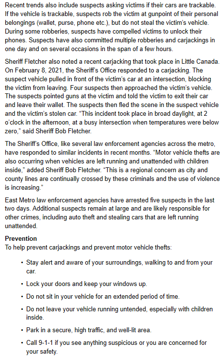 CrimeWatchMpls's tweet photo. Ramsey County Sheriff issues warning about carjackings: 
14 carjackings in last week reported in East Metro area. “Many of these stolen vehicles have also been used in other crimes, including robberies&amp; additional auto thefts. "This is a serious uptick in a criminal activity...” https://t.co/IeV28BvSk9