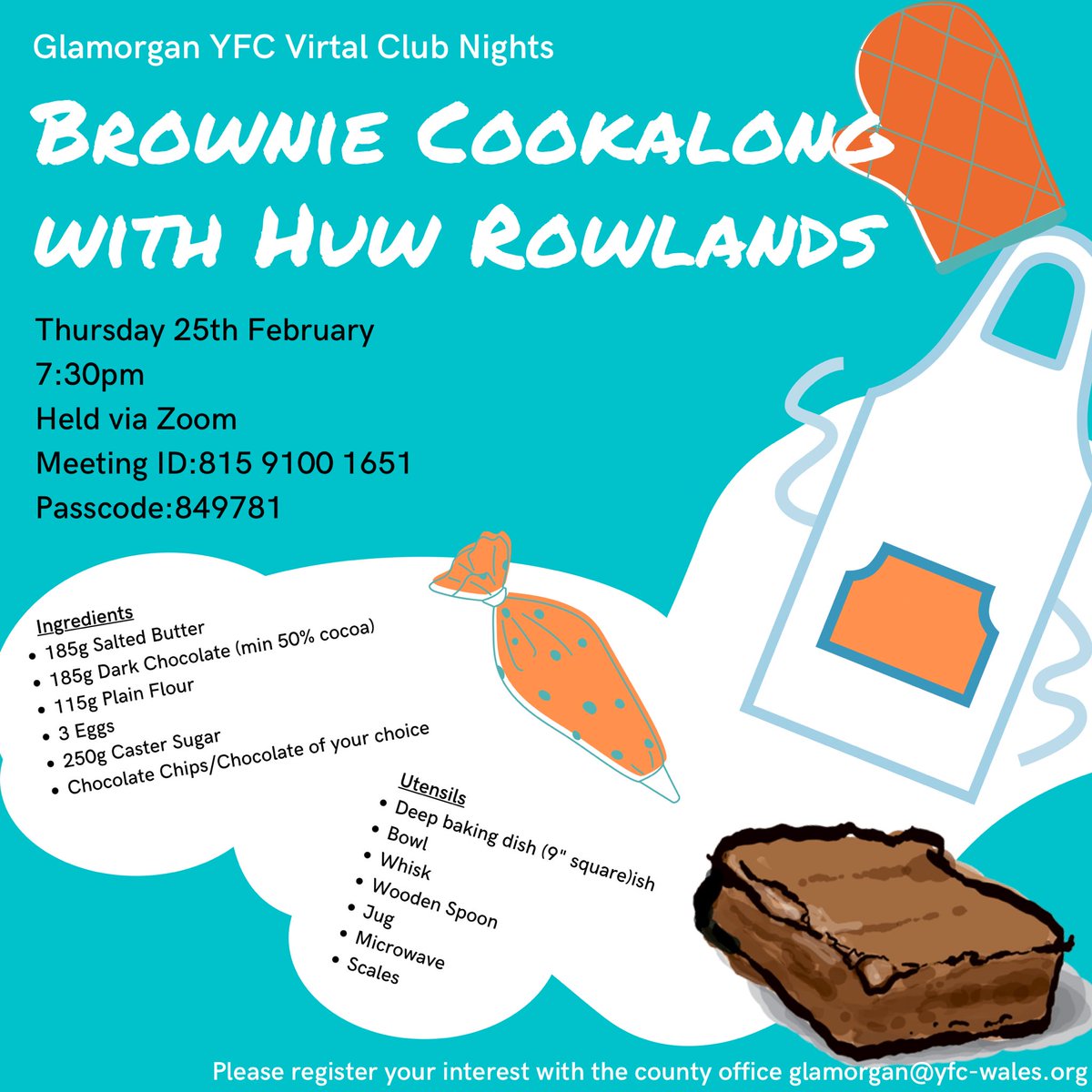 Have you always fancied being the next Mary Berry or Gordon Ramsay? Well your in luck join us on the 25th for our Brownie Cookalong with Huw Rowlands where you’ll learn to make the the best brownies to battle the rest. See all the utensils and ingredients needed to join.