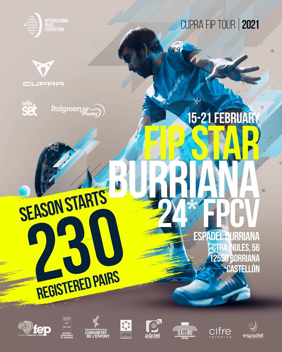 🔵 CUPRA FIP TOUR
FIP STAR Burriana 24*FPCV
💥 230 pairs will fight for the first points of the official WPT-FIP ranking.
🇪🇦🇮🇹🇨🇵🇵🇹🇦🇷🇺🇾🇨🇱🇧🇪🇳🇱🇧🇷🇲🇽🇸🇪🇬🇧🇷🇺
14 nationalities will be present on the Espadel  courts looking for the victory
#padelfip #cuprafiptour2021 #fipstarburriana2021
