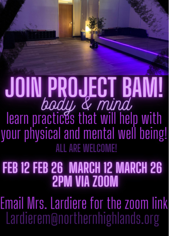 nhrhs1's tweet photo. Please join Mrs. Lardiere for #ProjectBAM (Body and Mind), where you can learn practices that will help improve physical and mental well-being. See the attached flyer for details! #nhrhswellness #ThePowerofYoga #Mindfulness https://t.co/34P9Mz879N