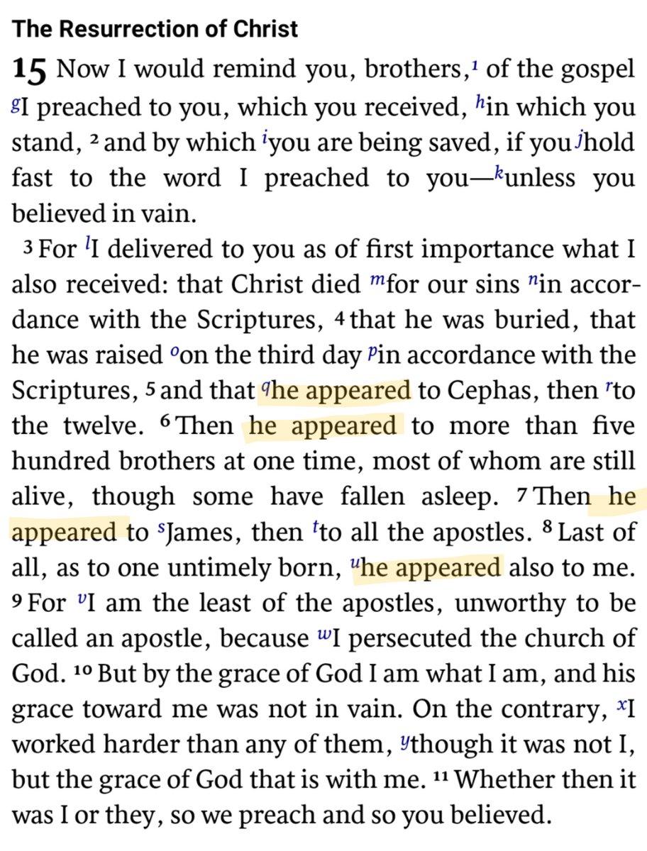 (2/7) Fr O'Collins spends two paragraphs excoriating the ESV for incorrectly translating ὤφθη in 1 Corinthians 15:5-8 as "he was seen" instead of "he appeared".Except, the ESV doesn't say "he was seen" - it reads "he appeared" (see pic)!