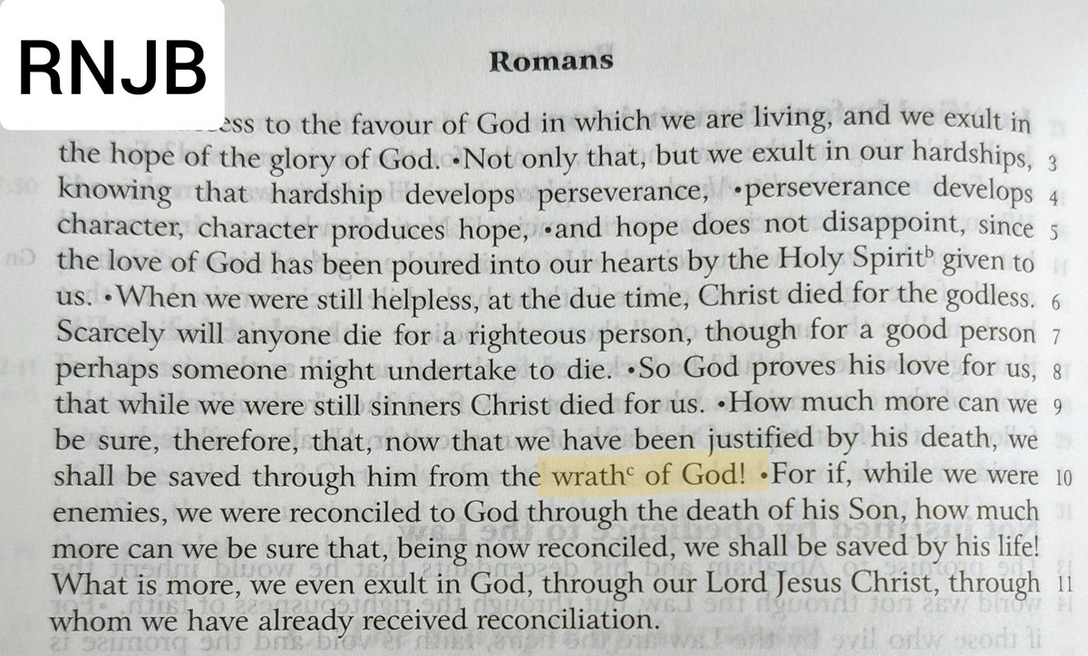 (6/7) The addition "of God" is still present in Romans 5:9 in the ESV (pic 1), but it is also present in the NRSV (pic 2) and... the RNJB (pic 3)!!How is it fair to single out the ESV for criticism here?