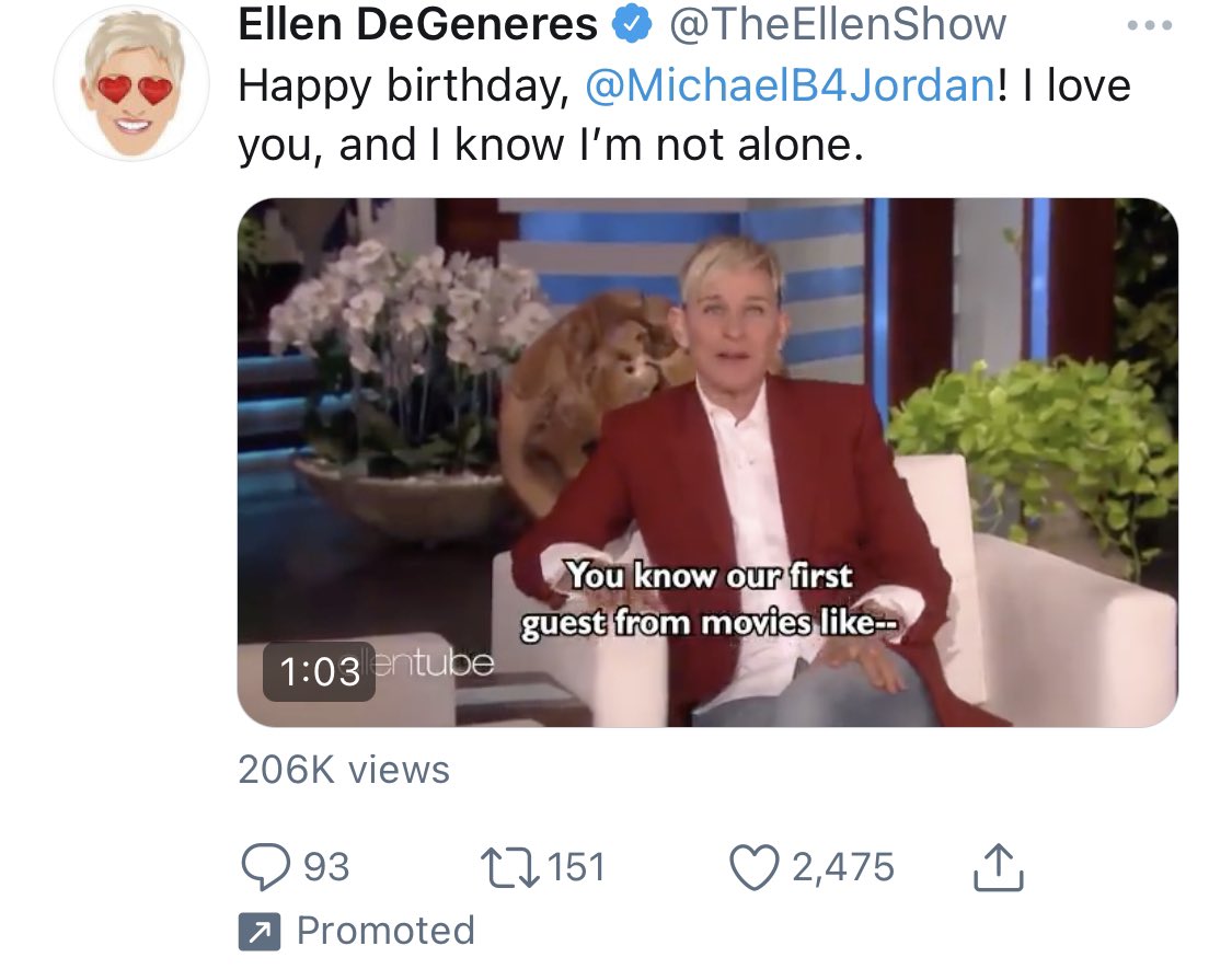 I m sorry... did ellen PROMOTE her happy birthday message to michael b jordan??? what 