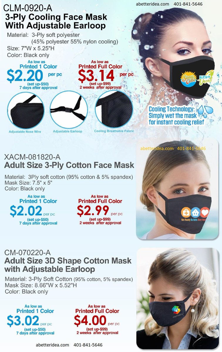 PrintMyLogo's tweet photo. Cotton Cooling Face Masks On Sale!  Print on front side of cooling mask with black trim. Feature adjustable ear loop for perfect fit. Made of breathable and washable material. 
Many PPE products in stock! https://t.co/KMobZNlWrS  401-841-5646 https://t.co/r8Joq07iII