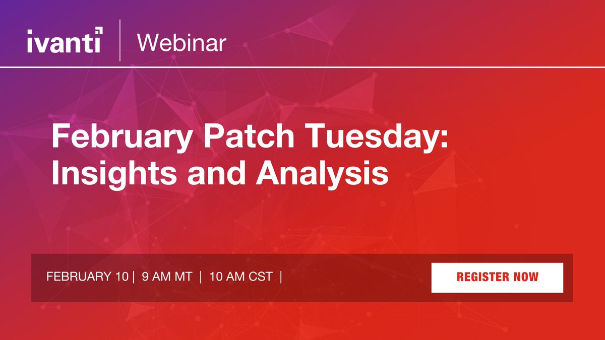 Don't forget to join <a href="/GoIvanti/">Ivanti</a>'s #PatchTuesday webinar! Find out what to watch out for, products to be sure to test adequately, and which patches should be your highest priority. bit.ly/377wnpQ