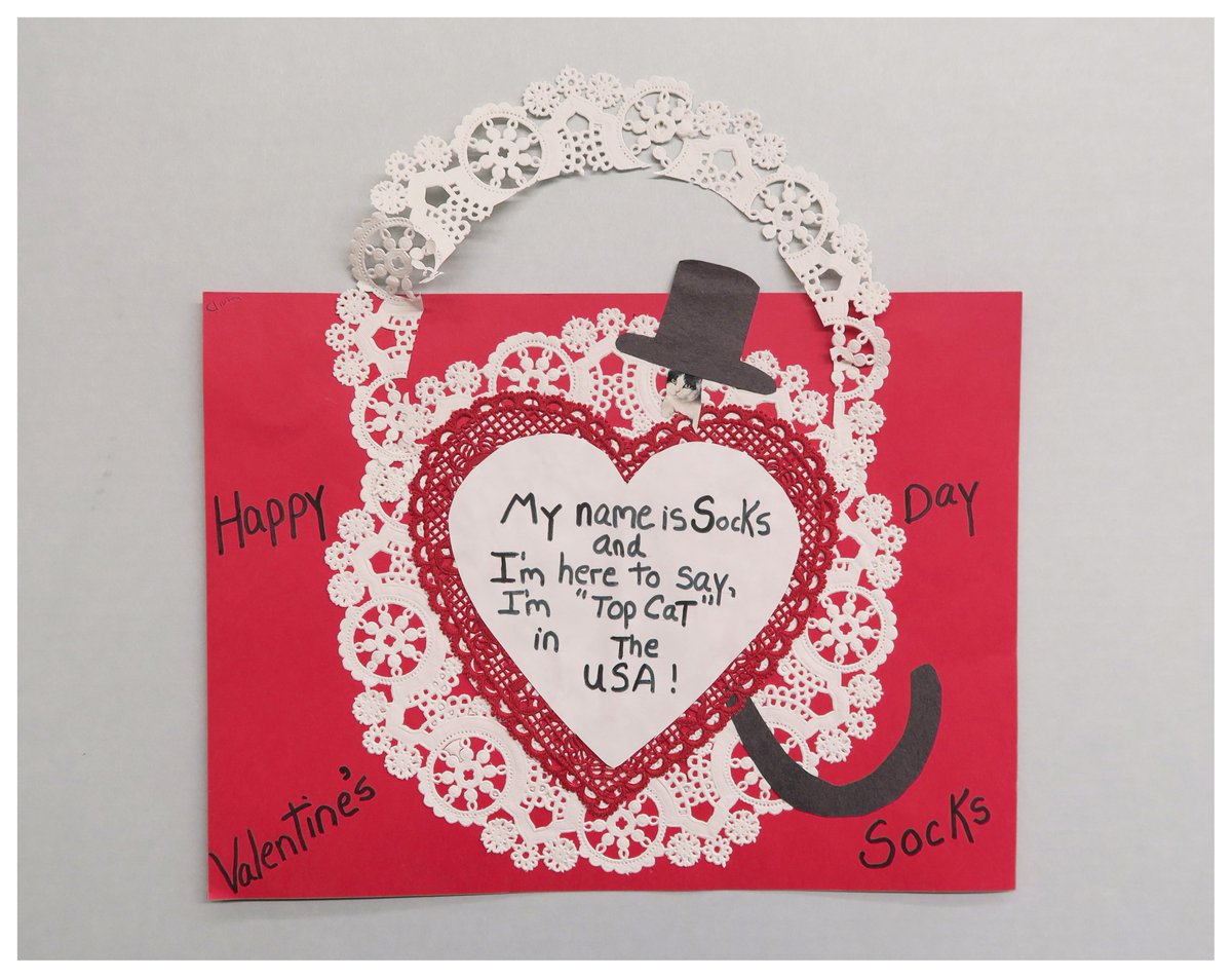 WJCLibrary42's tweet photo. We hope you all have a wonderful #ValentinesDay wknd, whether spending time with a special someone or making Valentine's Day cards for your cat. If it's the latter, here's some inspiration: a doily-and-construction-paper masterpiece, sent to Socks by a *Secret Admirer* in 1993. https://t.co/gxM7vlxKZK