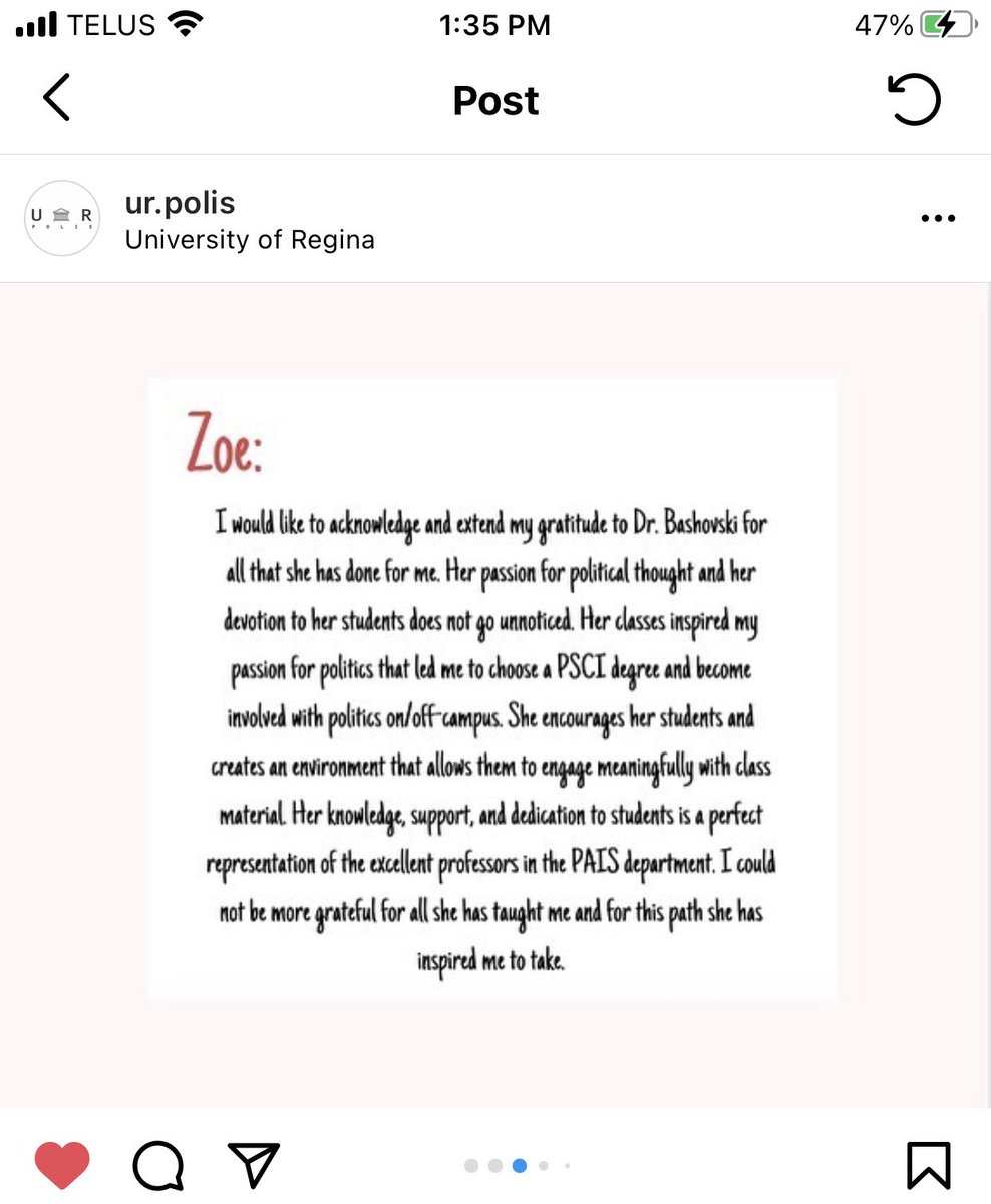 We’re winding down what has been an AMAZING  #HeARTSAppreciation Week with an epic shout out we received via Instagram from the Politics and International Studies Student Association for the  #UofReginaPAIS department! 1/3  @ArjunTremblay  @proftomuofr  @Lutheredu  @UofRegina