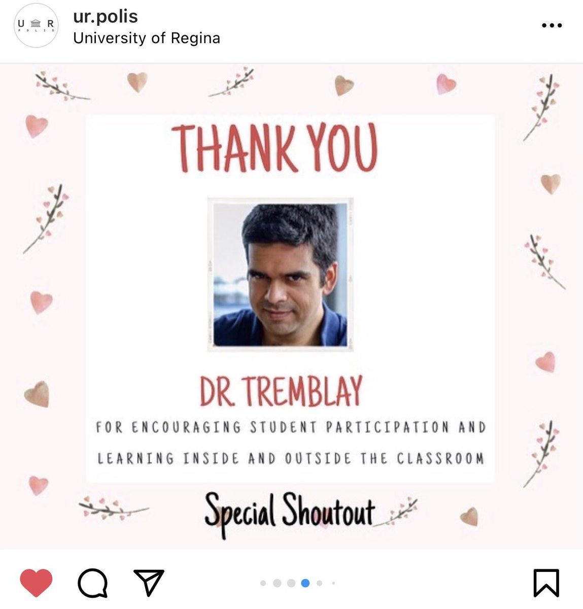 We’re winding down what has been an AMAZING  #HeARTSAppreciation Week with an epic shout out we received via Instagram from the Politics and International Studies Student Association for the  #UofReginaPAIS department! 1/3  @ArjunTremblay  @proftomuofr  @Lutheredu  @UofRegina