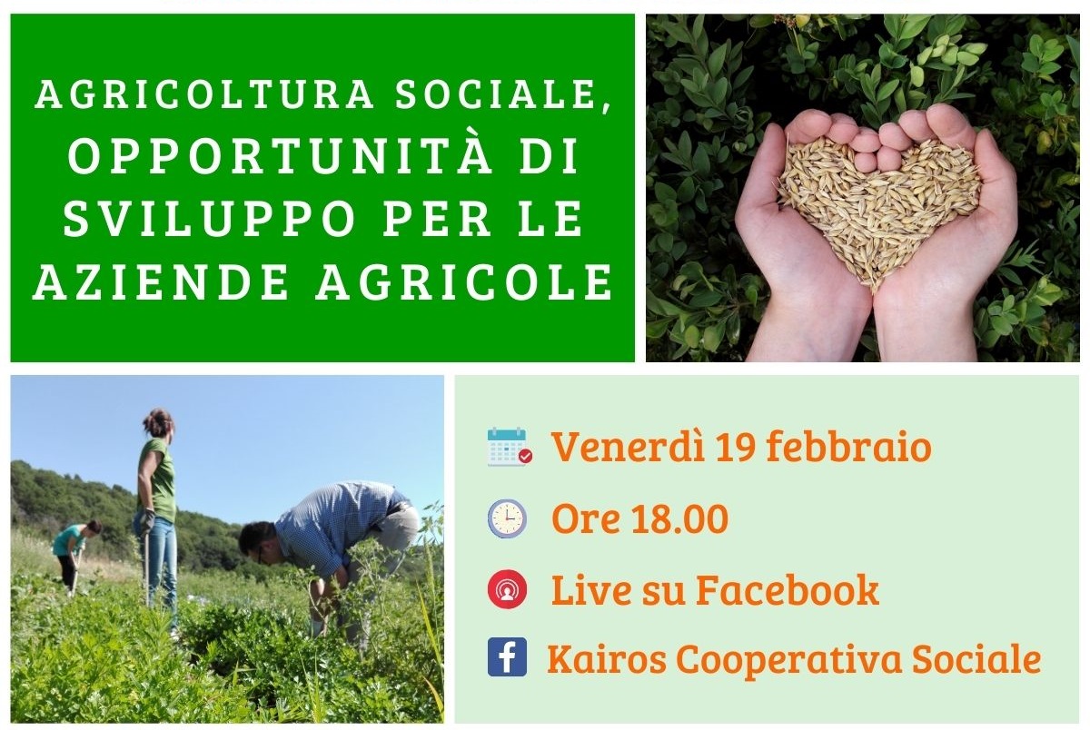 Parliamo di #AgricolturaSociale🌱🤲🏼 con i protagonisti di alcune delle realtà più interessanti

Ecco il primo appuntamento...

🗣"Agricoltura Sociale, opportunità di sviluppo per le #aziende agricole"
📅 #19Febbraio | 🕕 Ore 18.00
📱 #Live su facebook.com/kairoscooperat…