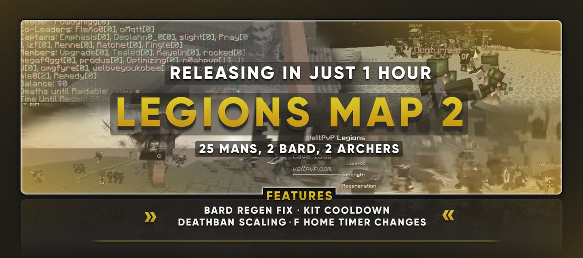 VeltPvP's tweet photo. ⭐️ Velt Legions Map 2 ⭐️

Velt Legions will release in 1 Hour!

General Info:
• 25 Man Factions
• Prot 2 &amp; Sharp 2
• 1 Hour PvP Timer
• Cap of 2 Bards &amp; Archers

In celebration, we're giving away:

🎁 3x Reaper Ranks

❤️, 🔄 and join https://t.co/3xxTMUF67T to enter! https://t.co/3wZXYBfy4T