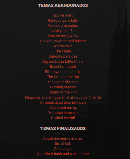 Si alguno quiere mover alguno de esos temas a otra categoría diferente de la que estén, que se pase por control de temas (que os juro que no muerde). 

En otro orden de cosas, a partir de ahora se os recomienda que pongáis la localización de los roles en la descripción del tema.