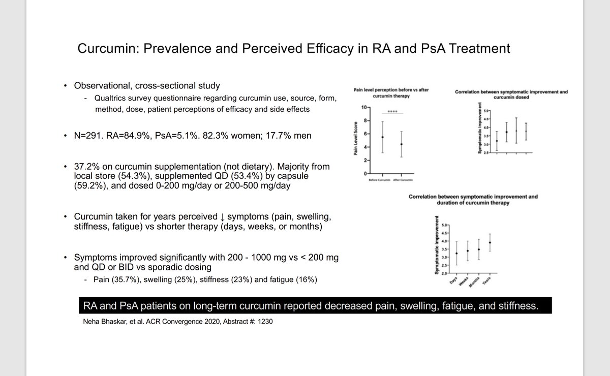 Dr. Troum considers curcumin 500mg with black pepper BID for patients with inflammatory arthritis. Unclear if there is a relationship or need for monitoring for those with concomitant NSAIDs. #RWCS2021 #RWCS <a href="/RWCSmtg/">RWCS</a> <a href="/RheumNow/">Dr. John Cush</a>
