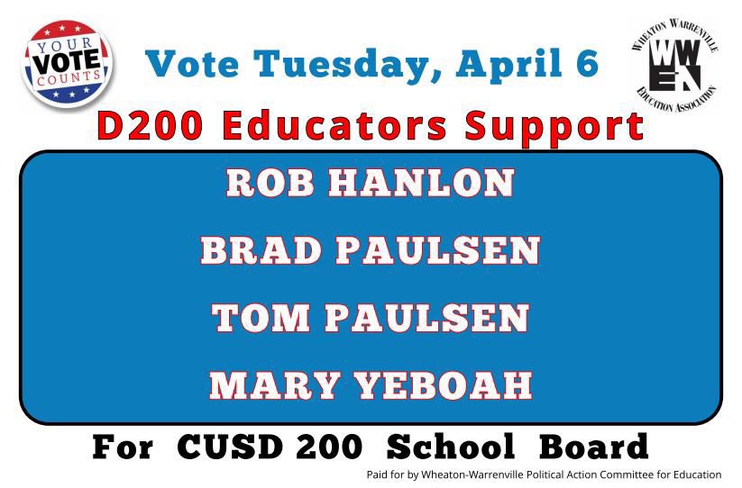 Gea87's tweet image. Wheaton Warrenville Education Association supports bird candidates Rob Hanlon, Brad Paulson, Tom Paulson, and Mary Yeboah for the April 6 election! Let’s get out the vote, @ieanea members and friends! @IEAregion50