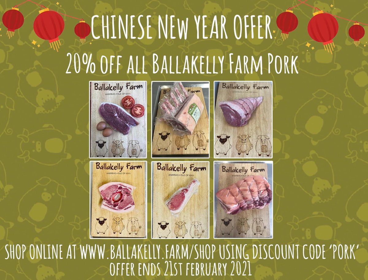 Happy Chinese New Year! 🎉 

Celebrate with 20% off Ballakelly Farm Pork, simply add the pork items you wish to purchase to your basket and enter discount code PORK.

ballakelly.farm/shop

Offer ends 21st February 2021