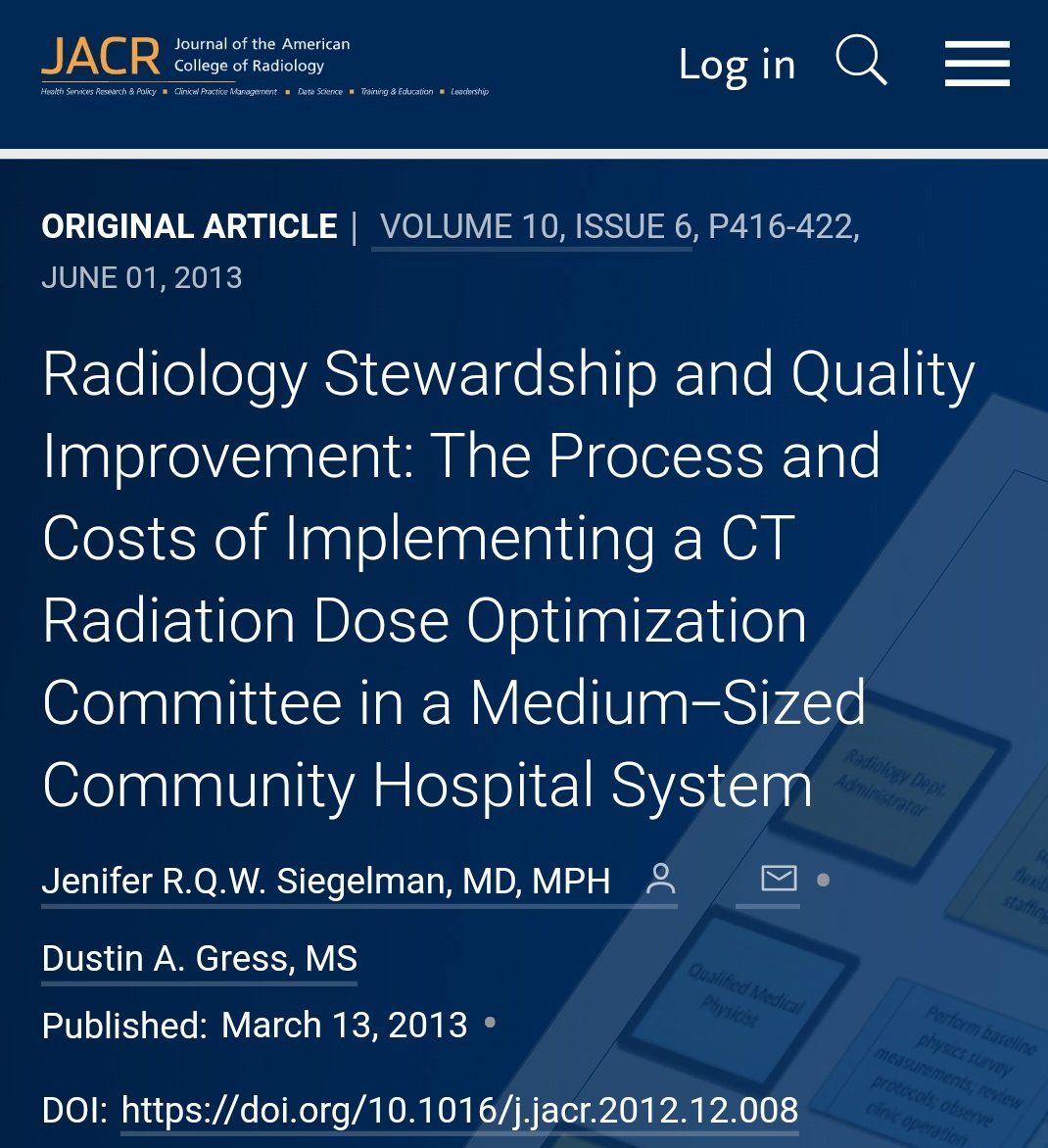 7/11 My go to paper to cite to relate clinical impact to CT Protocol Team effort has been from  @drjsiegelman and  @DustinGress (link below) paper on dropping head repeats. This Smith-Bindman paper fills a similarly important role.  https://doi.org/10.1016/j.jacr.2012.12.008