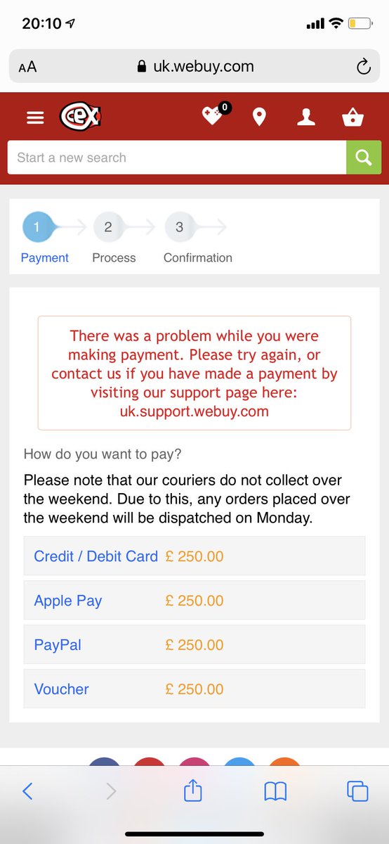 _pizza4vicky's tweet photo. @CeXSupport hi, I’ve just gone to put a purchase through, however it’s come up with this message three times now, any ideas on why/how I can resolve this? https://t.co/SWvTvCpiUy