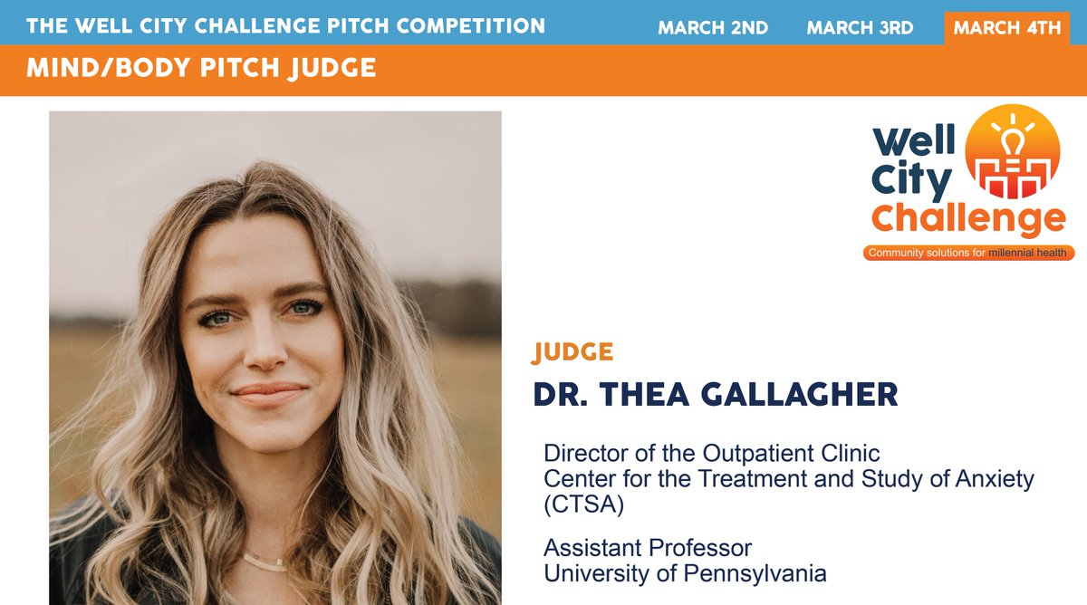 Introducing #WellCityChallenge Mind &amp; Body Pitch Competition Judge, Dr. Thea Gallagher. She is the Director of the Outpatient Clinic at CTSA at <a href="/Penn/">Penn</a> and an Assistant Professor!

Register to join her in voting for the best pitch on March 4th▶️ wellcitychallenge.eventbrite.com #Philly