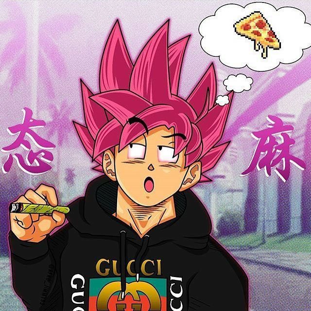 Goku black wearing Gucci smoking a sigaret thinking about pizza while in as...