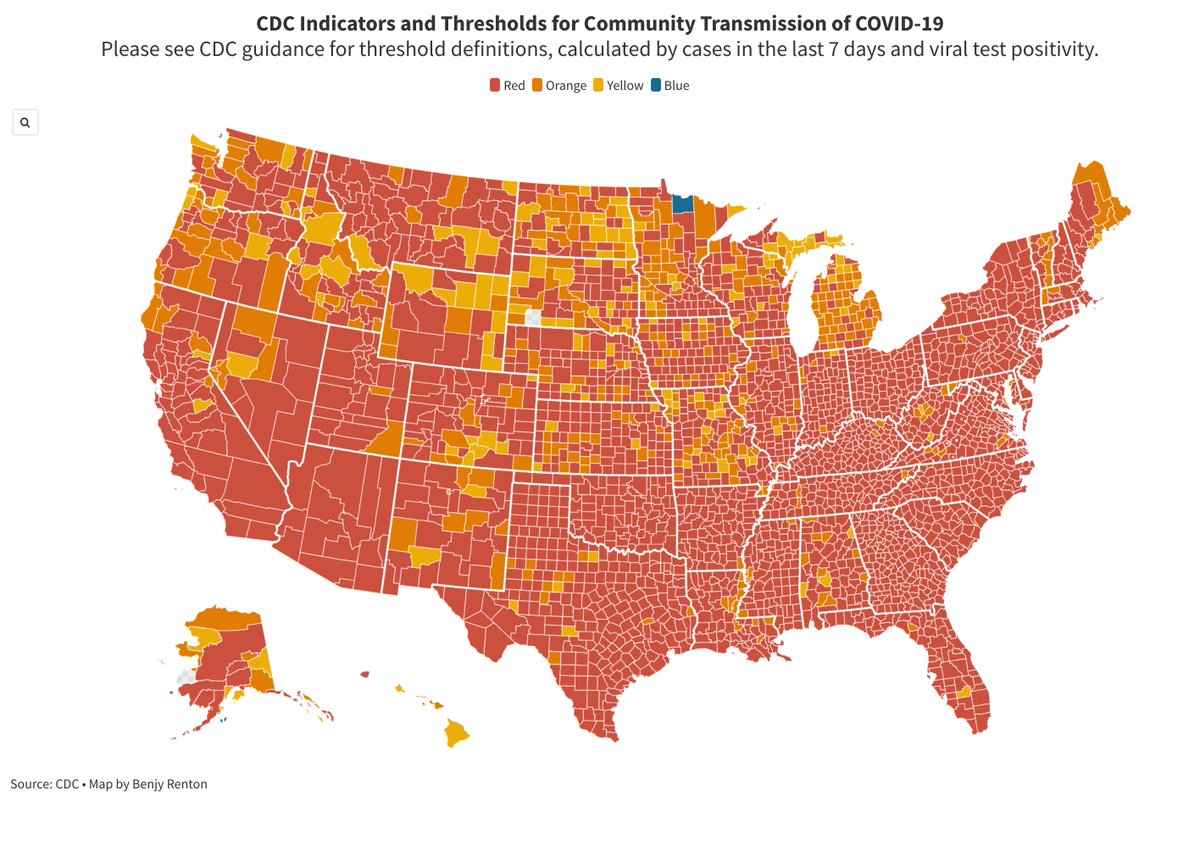 Part of the CDC's schools guidance uses indicators and thresholds for community transmission to divide counties into 4 zones: Blue, Yellow, Orange and Red. Just 2 counties (0.06%) are in the "blue" zone.Yellow - 148 (4.7%)Orange - 391 (12.5%)Red - 2599 (82.8%)