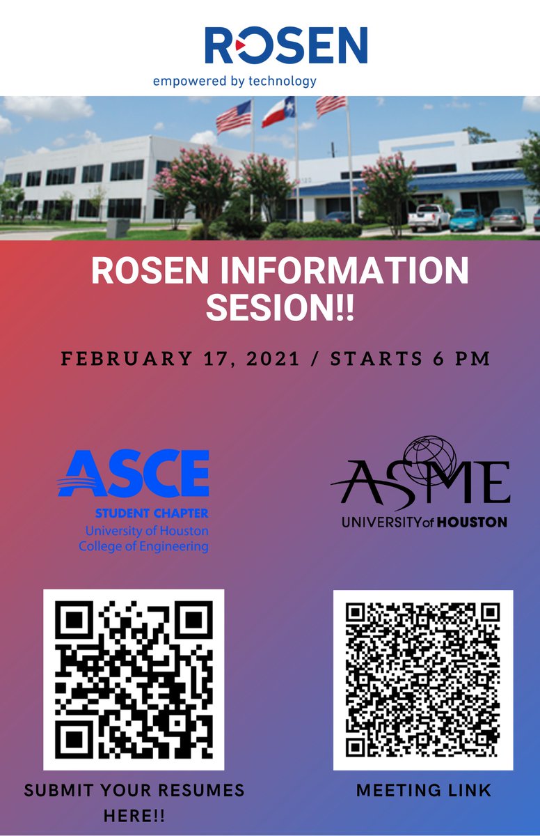 ASMEUH's tweet image. Join @ASMEUH and @uhasce at our Information session with Rosen on February 17th at 6PM!!

@uhengineering #gocoogs #uhengineering #cullenengineering #uh2024 #uh2023 #uh2022