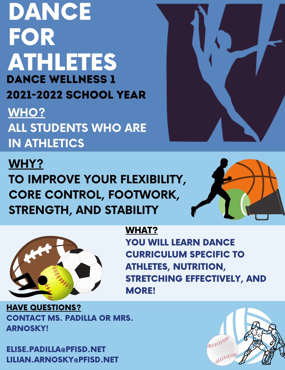 HEY ATHLETES! Need fine arts credit? Sign up for Dance Wellness 1 and work on gaining flexibility, mobility, and coordination to improve in your sport.