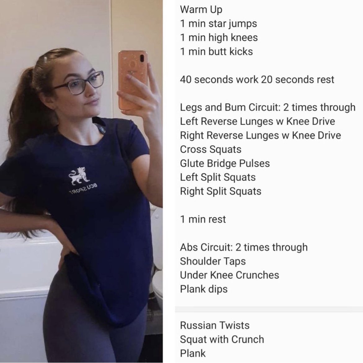 Week 4! 

Hi I’m Ellie! 

Thought I'd share the Legs, Bums and Tums workout I hosted for my team last week! 😅

It's been really hard to get used to home workouts, but this one is a real burner, plus all exercises are bodyweight which is ideal for those without equipment!💪🏼