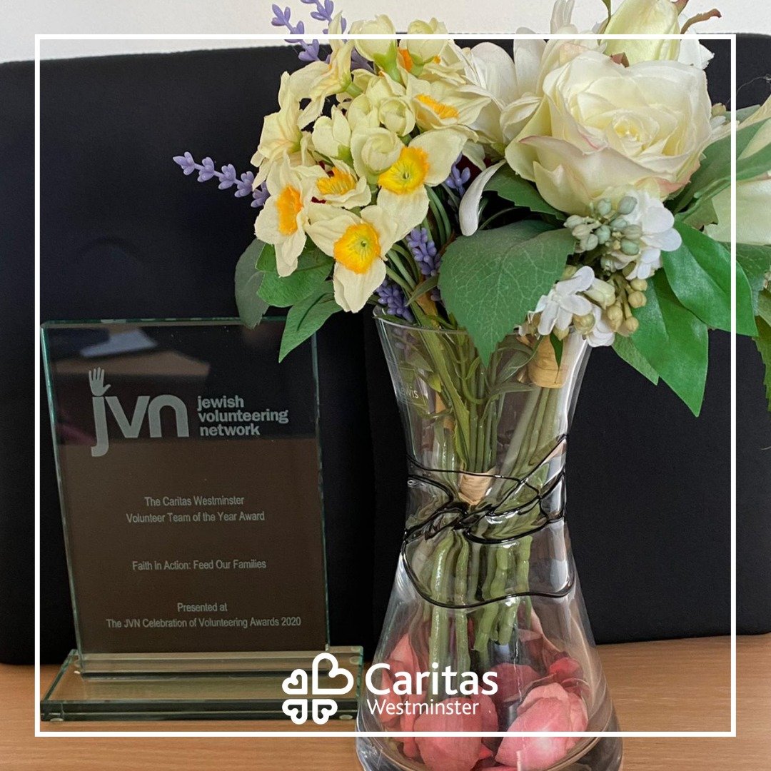 CaritasWestm's tweet image. A joy for Sr Silvana to present the @NCCBrent foodbank #volunteer  team with their trophy! We don't yet know if they will win the @JVN_org_uk Outstanding Team award, but that doesn't matter. To us they're more than outstanding - they're 110% #Caritastic