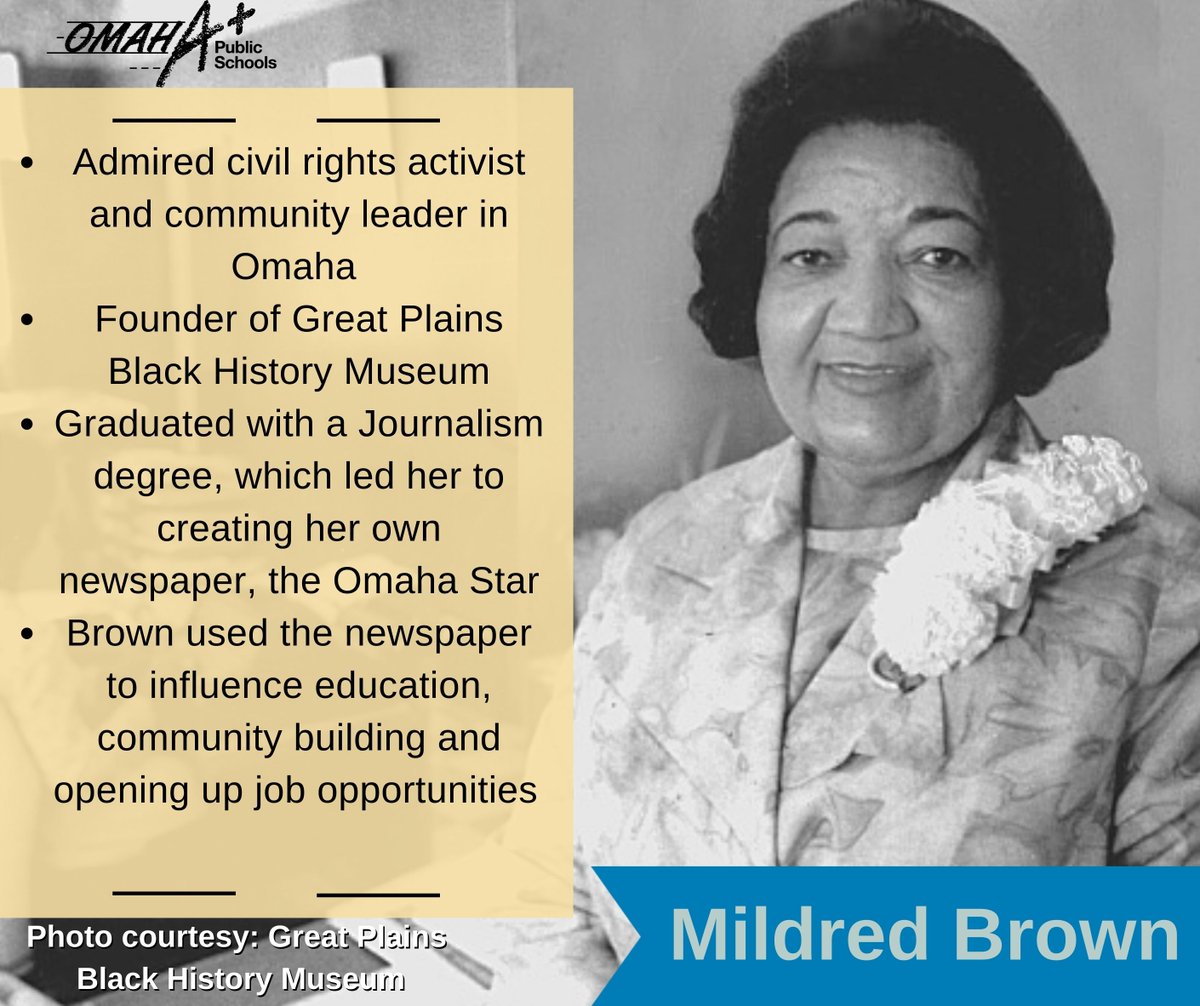 OmahaPubSchool's tweet photo. Civil rights activist and community leader, Mildred Brown, is commonly recognized as the founder of @omaha_star. Brown, also the founder of the Great Plains Black History Museum. Help us honor Ms. Brown during #BlackHistoryMonth. https://t.co/ao9fGmFXrn