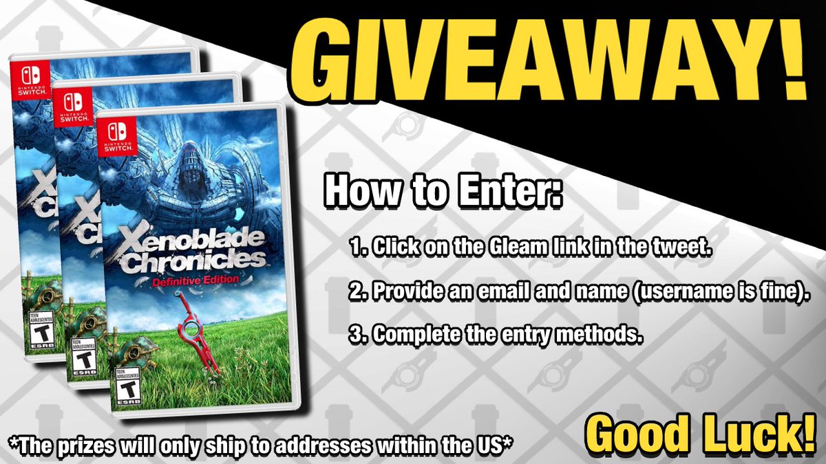 I'm giving away 3 copies of Xenoblade Chronicles Definitive Edition, so we'll have 3 lucky winners this time around! There are a handful of ways to enter and you'll just need to provide an email as well as a name. Best of luck to everyone! gleam.io/4Sp9Q/3-copies…