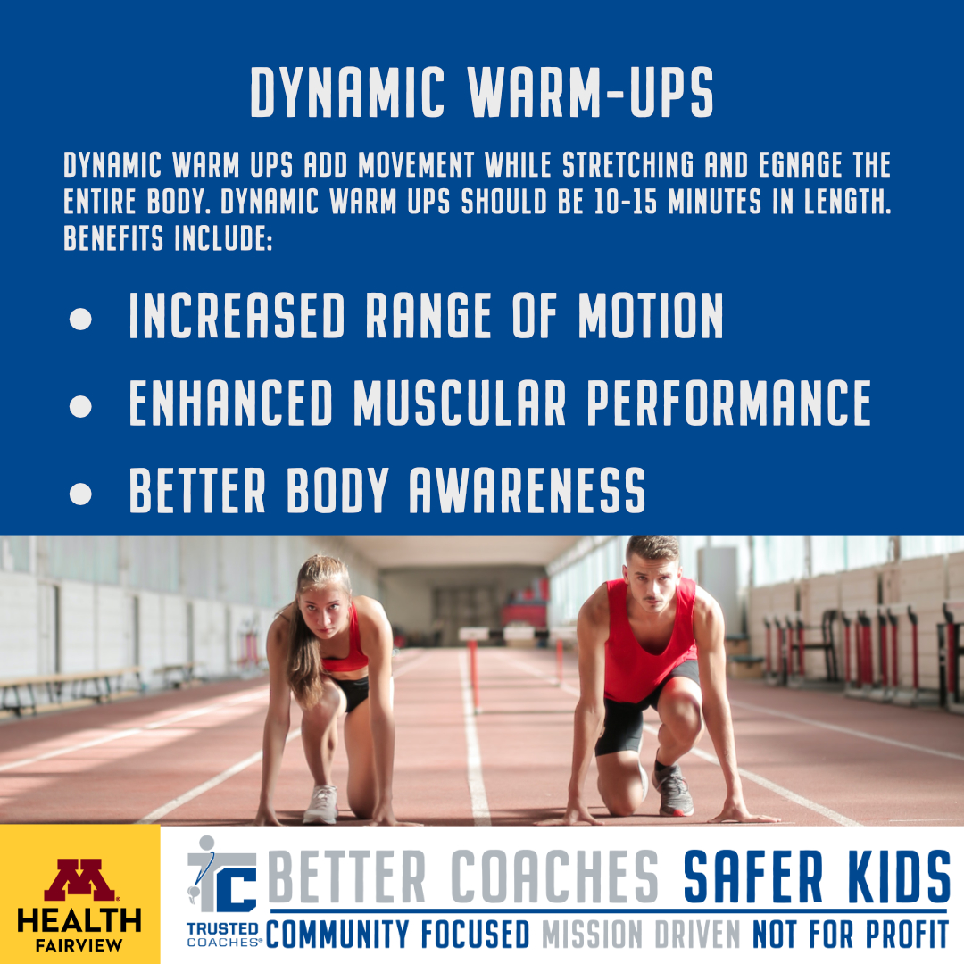 When warming up for activities avoid using static stretching, because it does not warm up the body properly. Using dynamic warm ups have greater benefits.

Dynamic warm ups add movement while stretching, and engage the entire body.